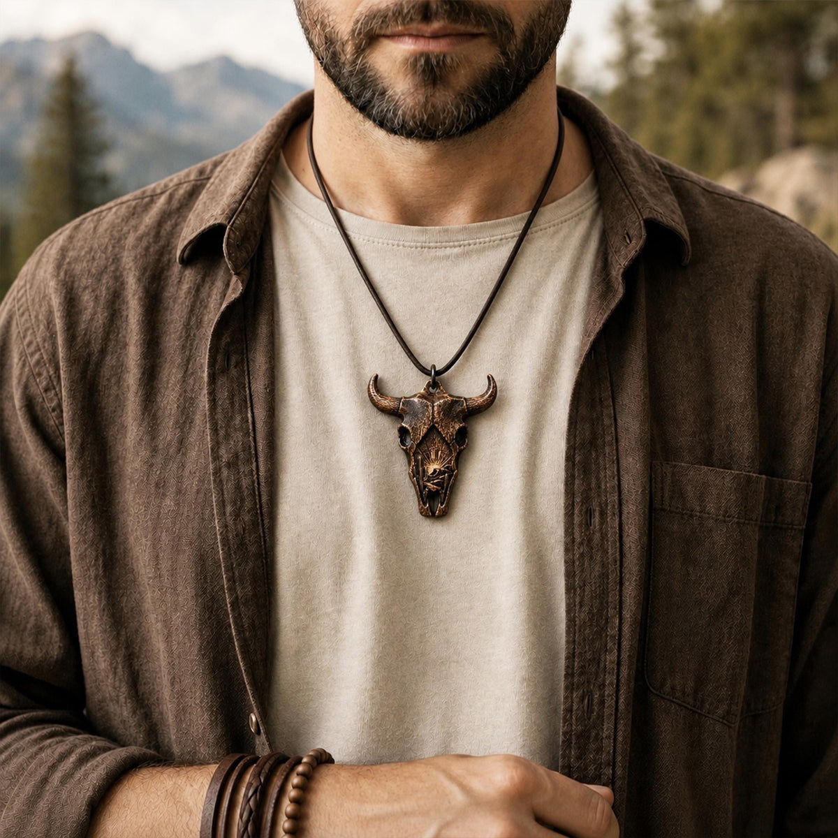 Cow skull pendant necklace worn by a person
