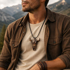 Wooden cow skull pendant necklace on black cord