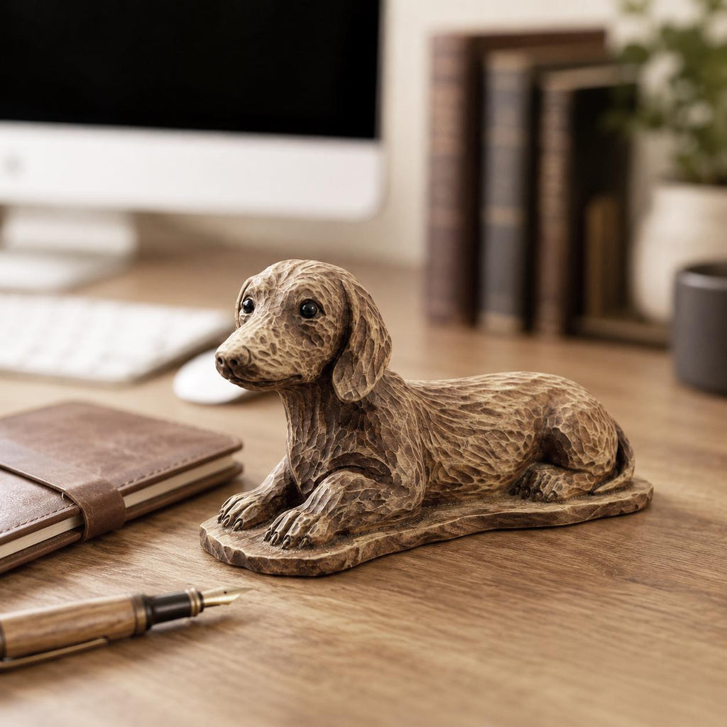 Wooden dachshund figurine, textured carved surface