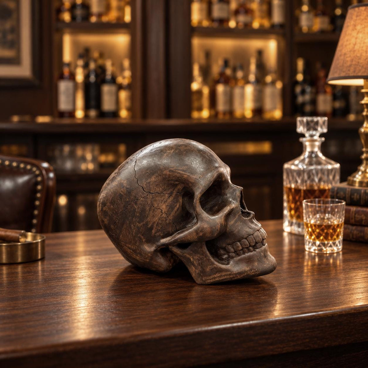 Wooden skull sculpture displayed on a bar next to a crystal decanter