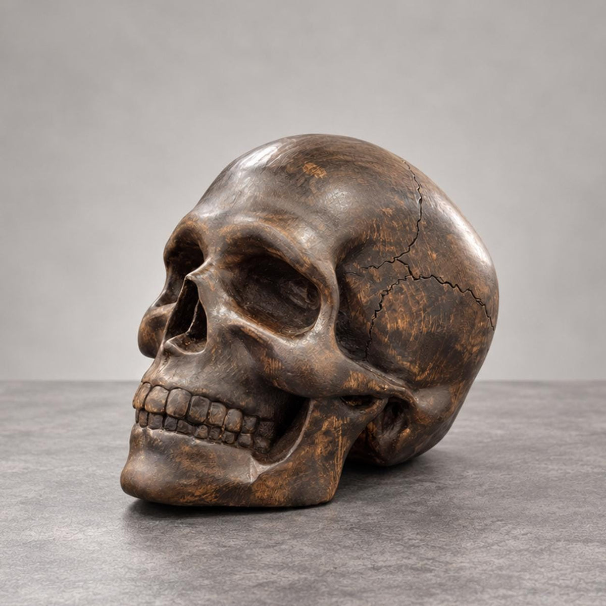Hand-carved wooden skull sculpture, three-quarter view showing suture lines and deep eye sockets