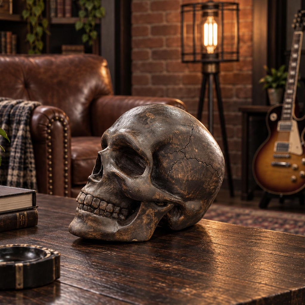 Wooden skull sculpture close-up showing weathered texture and jawline