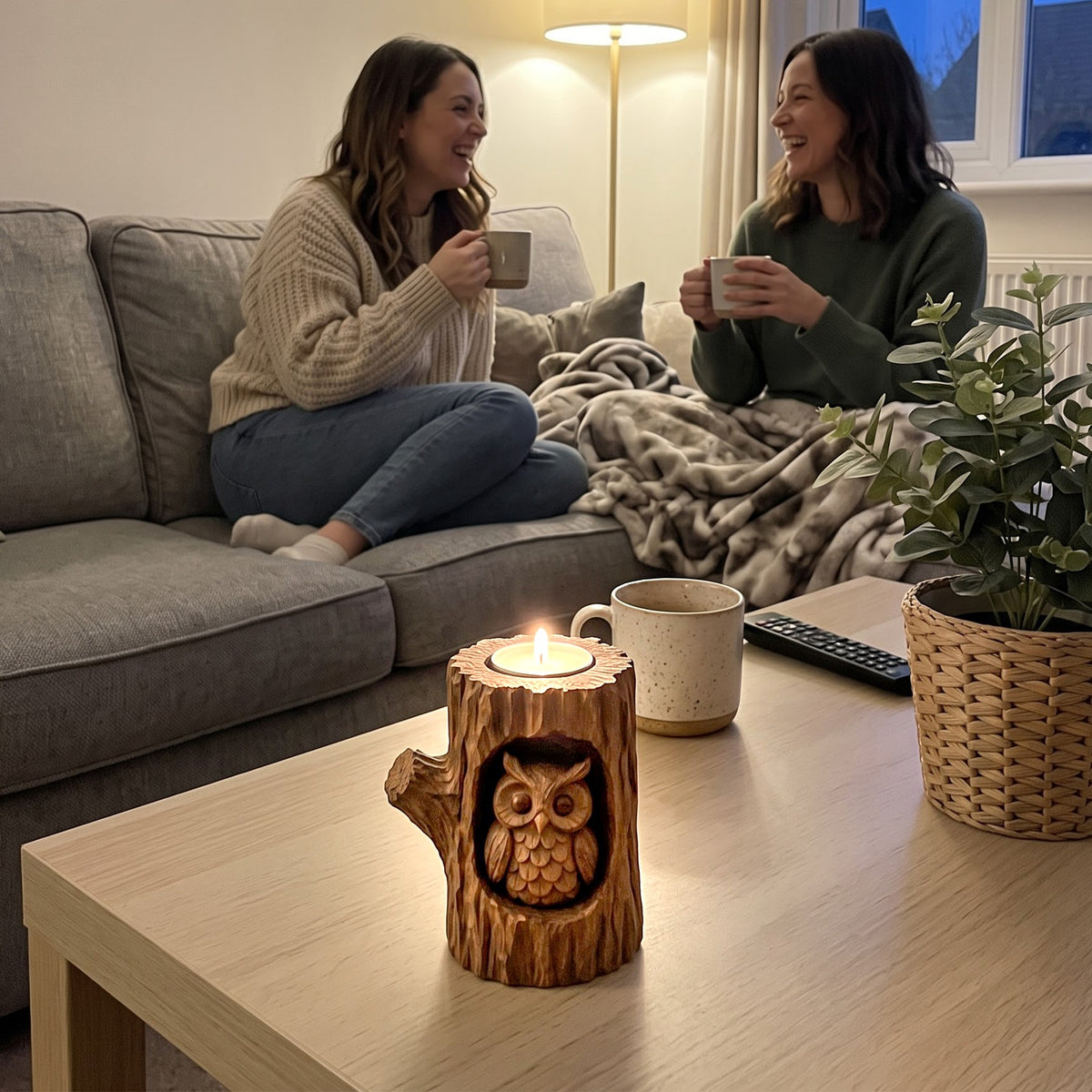 Wooden owl candle holder glowing on a living room coffee table while two friends chat on the sofa