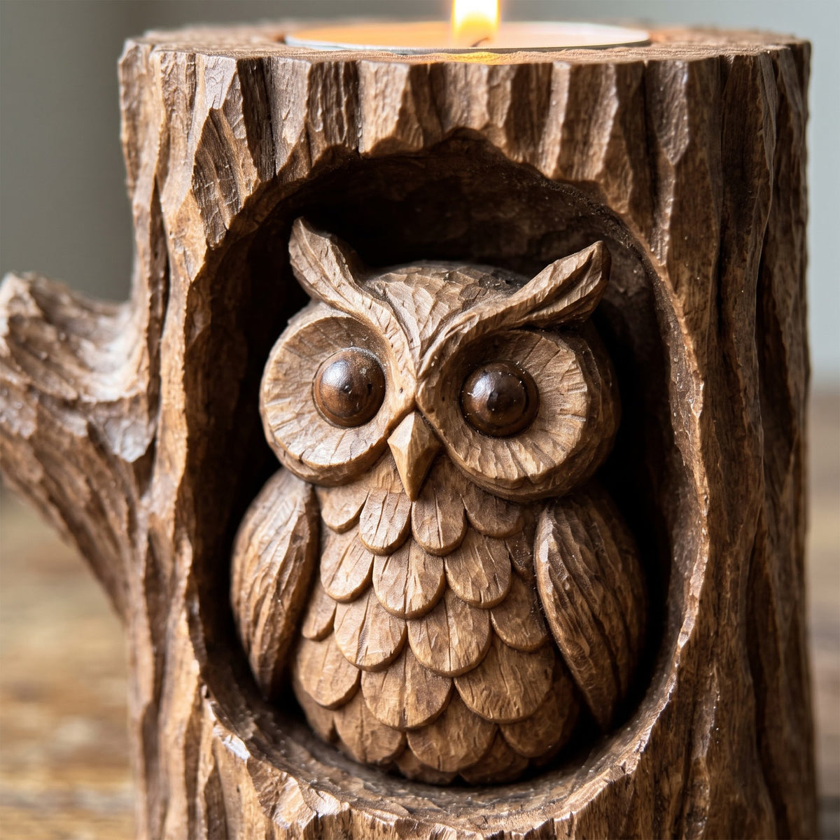 Close-up of the hand-carved owl in the hollow of the wooden tealight candle holder