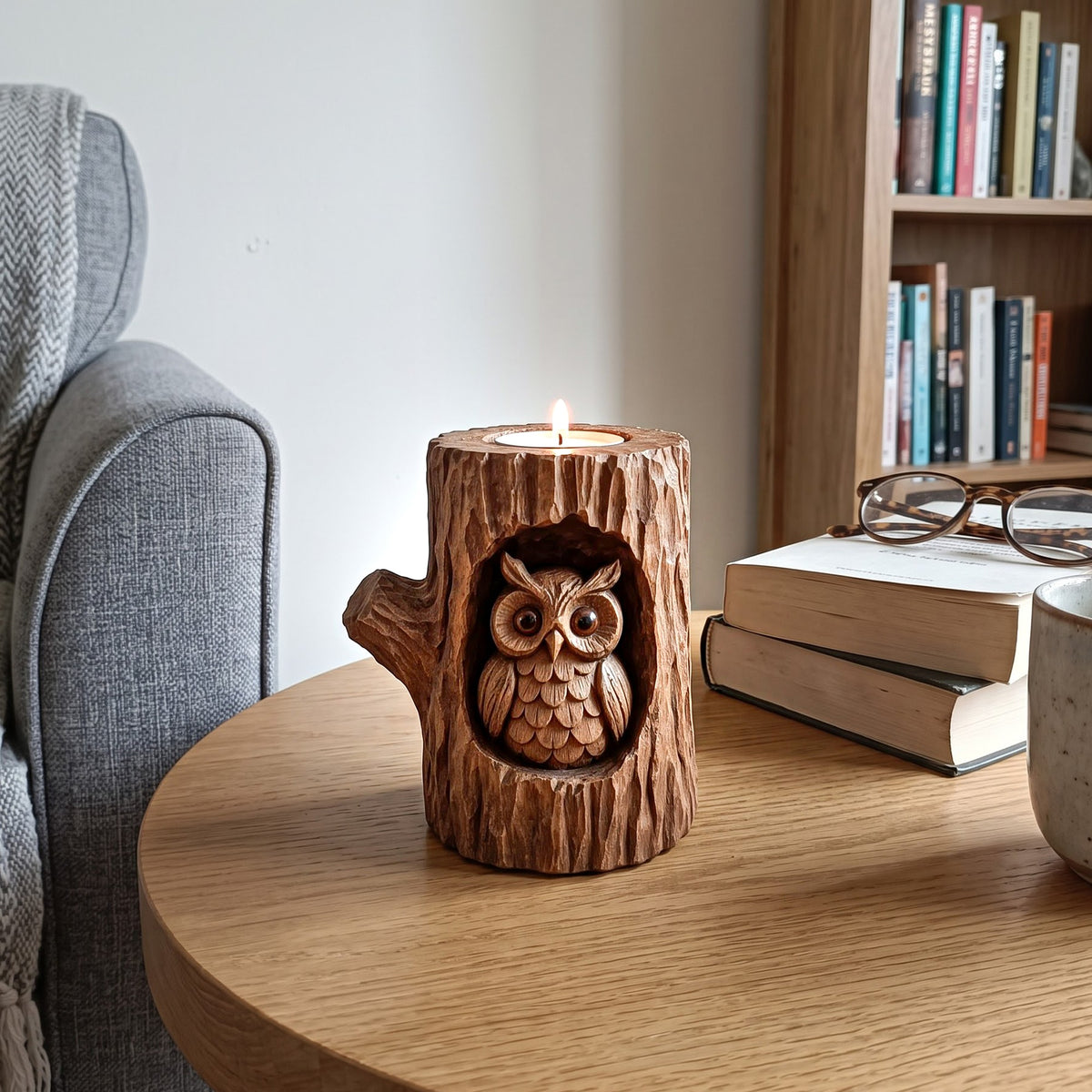 Wooden owl candle holder on a round coffee table beside books, glasses and a mug