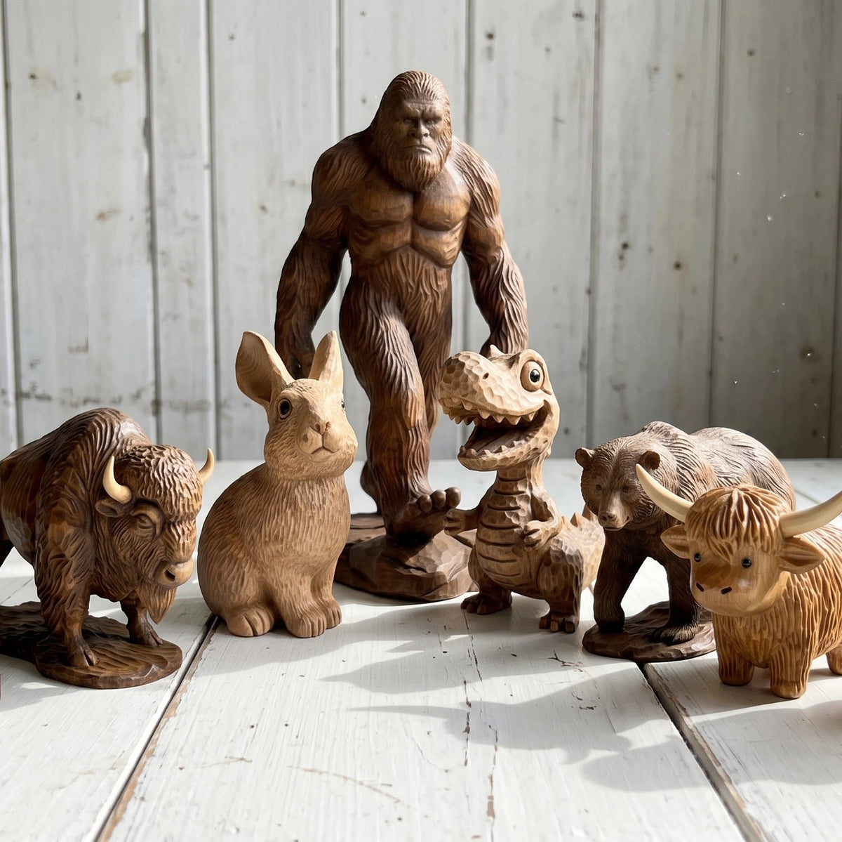 Group of hand-carved wooden animal figurines including a bison, bunny, Bigfoot, T-Rex, grizzly bear, and highland cow displayed together on a white wood plank surface