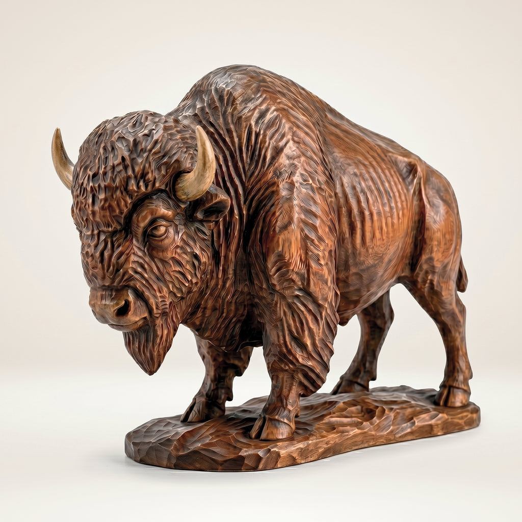 Bison Figurine - Hand-carved Wooden Animal Figurine
