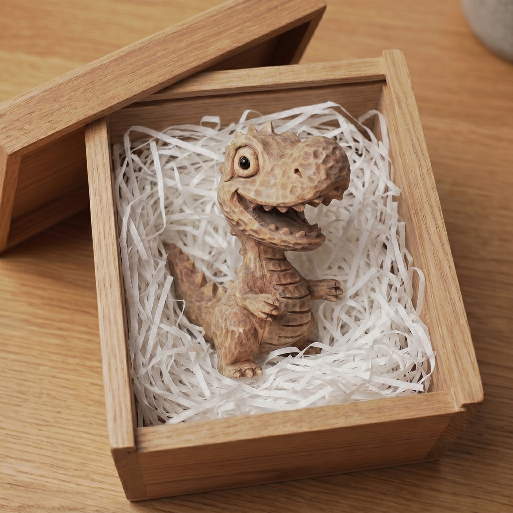 Wooden dinosaur in a wooden box with shredded paper on a wooden surface