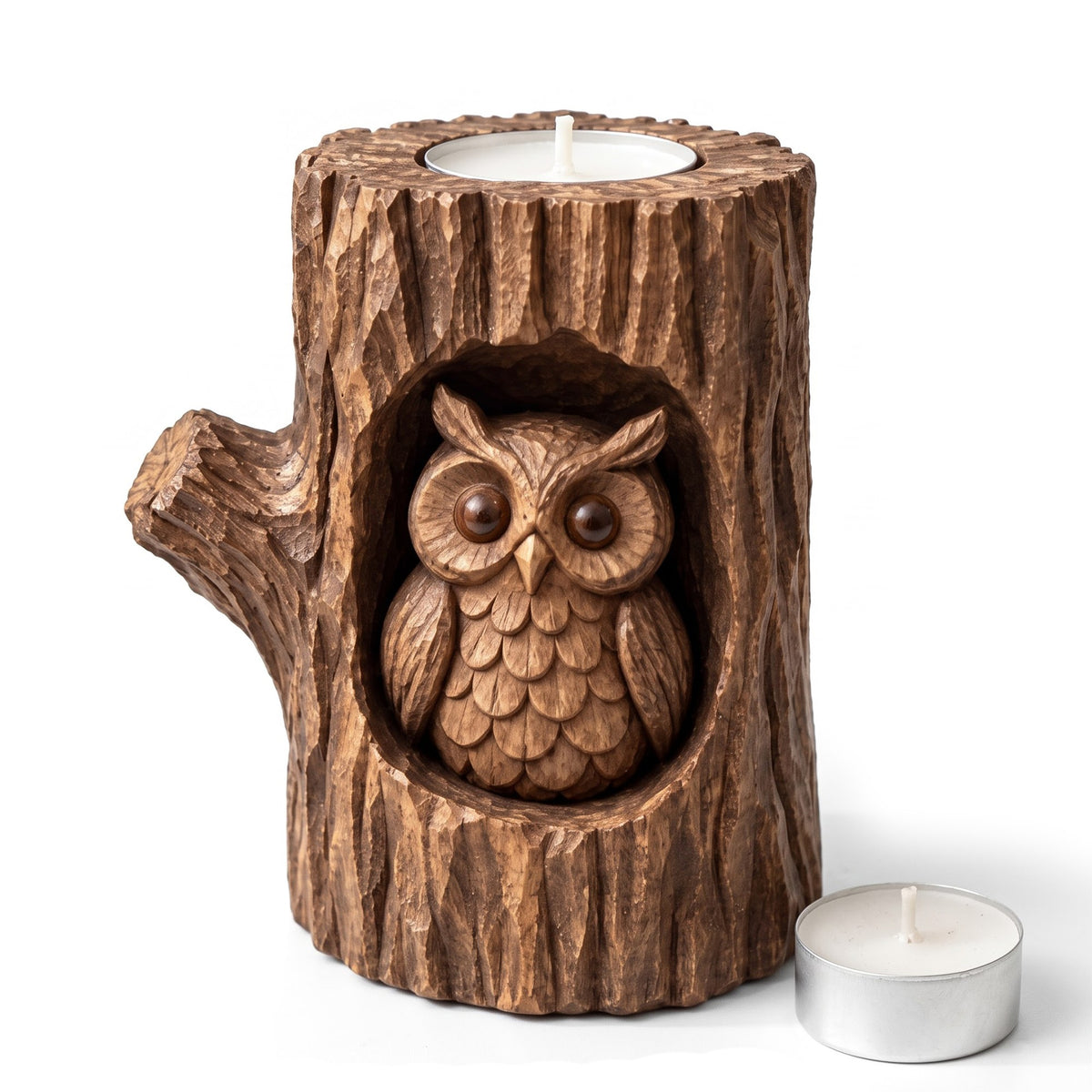 Hand-carved wooden owl tealight candle holder shaped like a tree stump on a white background